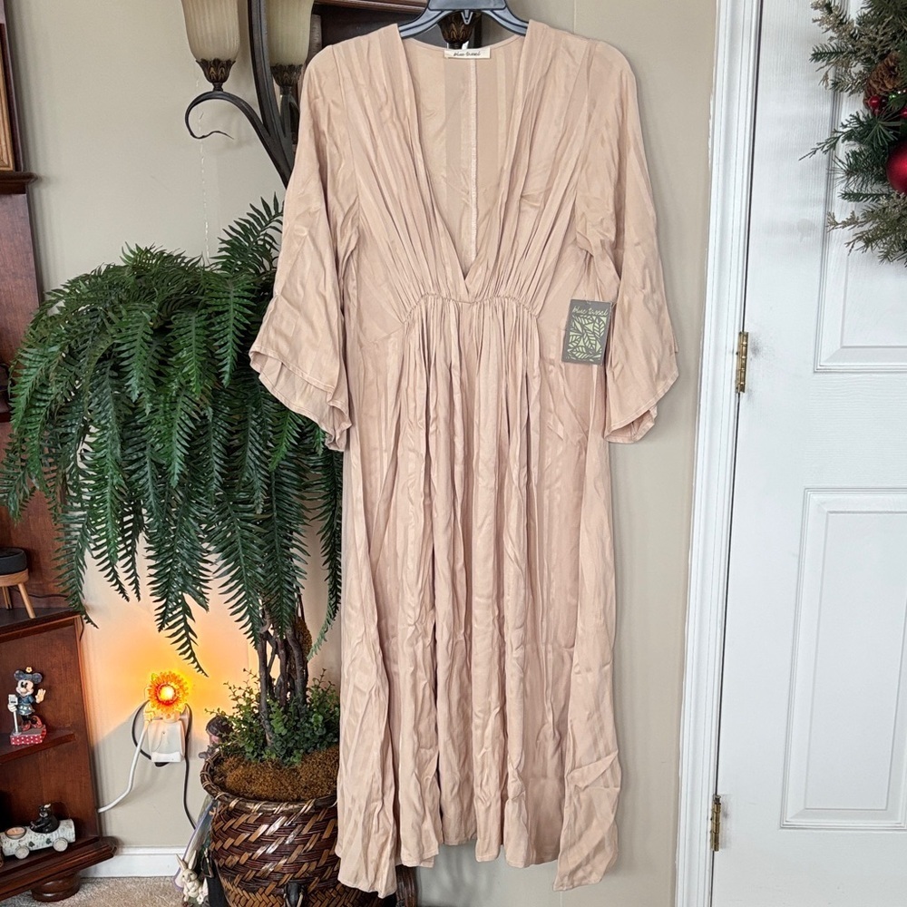 Brand New Blue Tassel Boho Maxi Dress Deep V-Neck Flowy Caftan Neutral Beige